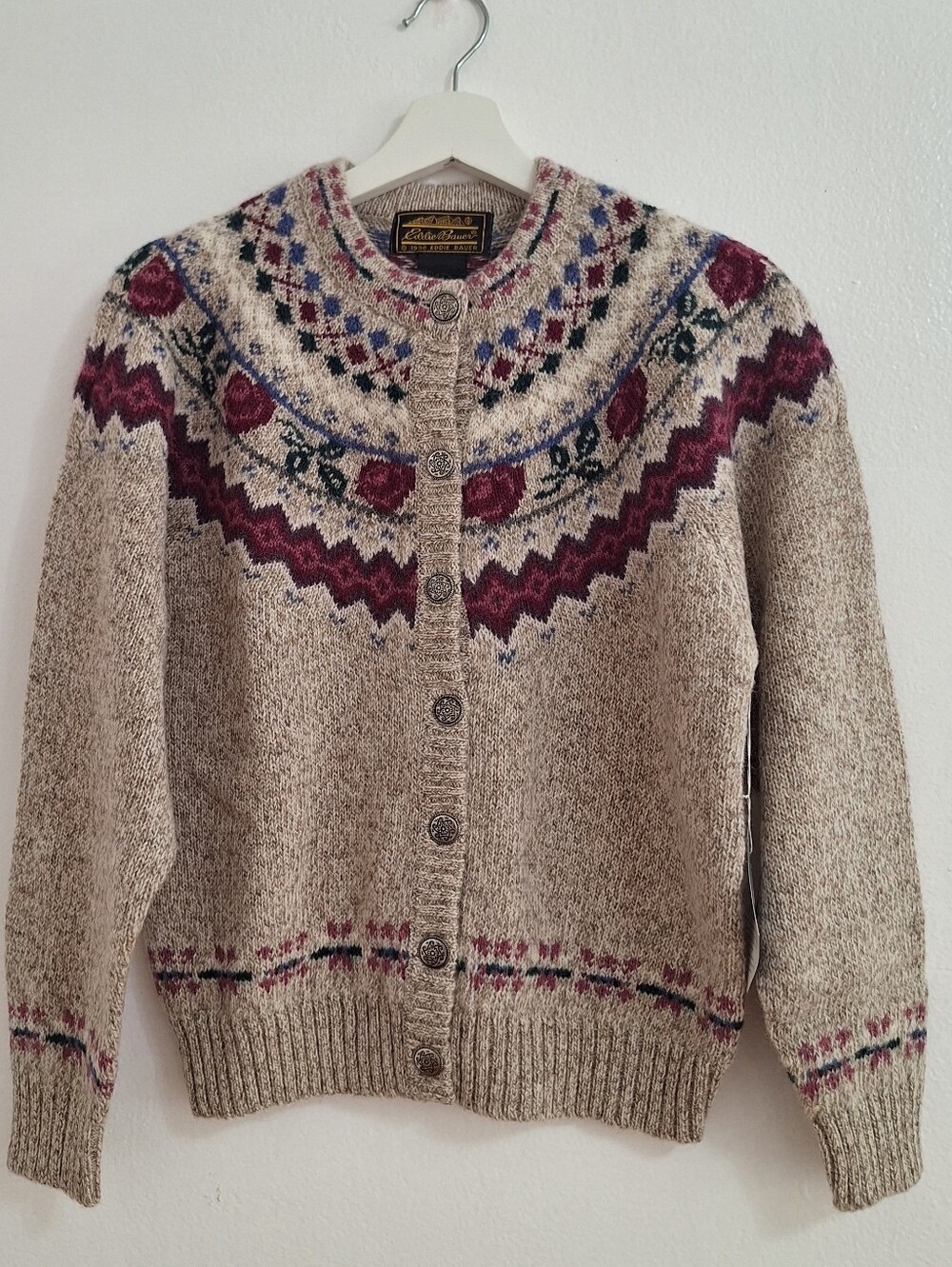 NWT Eddie Bauer Wool Beige Fair Isle Cardigan with Burgundy & Navy